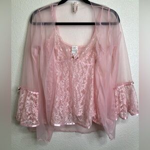 Vintage Mayela Pink Babydoll Sheer Robe Lingerie Set Lace Sz M Fairy Coquette